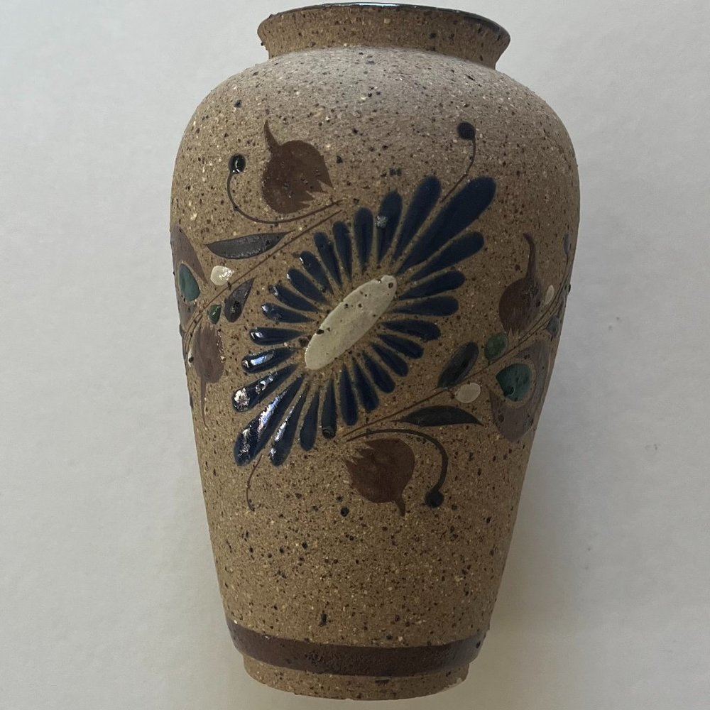 Mexican Tonala Sandstone Handpainted Vase 6 1/4 X 3 1/2